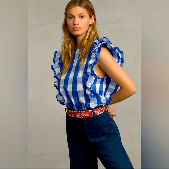 Anthropologie Tops - ANTHROPOLOGIE- Whit Two Cascade Ruffled Blouse Sz XL 💙🤍